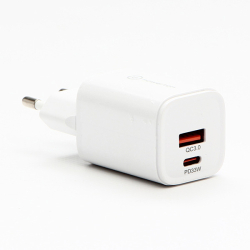 nabíječka/síťový adaptér POWERTON, 33W, 2 porty USB-C + USB-A, Quick Charge 3.0 - bílá