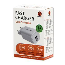 nabíječka/síťový adaptér POWERTON, 33W, 2 porty USB-C + USB-A, Quick Charge 3.0 - bílá