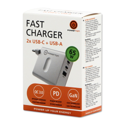 nabíječka/síťový adaptér POWERTON, 65W, 3 porty, USB-C, USB-A, 65W GaN Charger - bílá