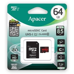 paměťová karta micro SDHC/SDXC APACER UHS-I, 64GB Class10, s adaptérem (85MB/s) 