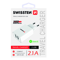nabíječka USB Swissten, 100-240V, 5,0V/2,1A, 2xUSB, bílá 